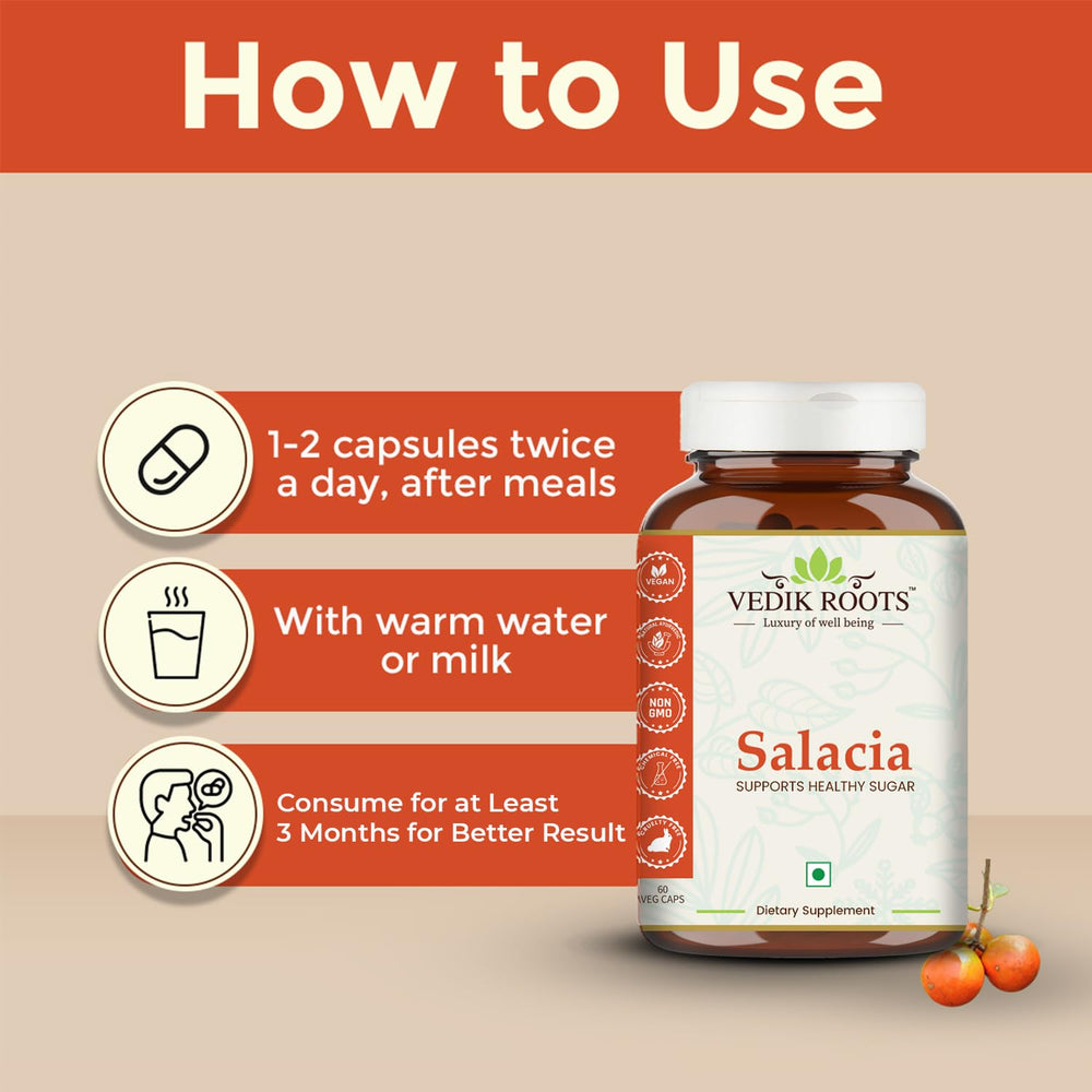 VEDIKROOTS Salacia capsules close-up texture highlights plant-based formulation.
