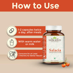 VEDIKROOTS Salacia capsules close-up texture highlights plant-based formulation.