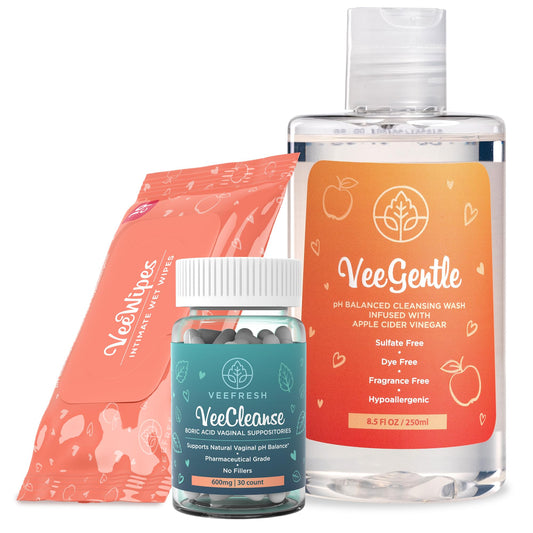 VeeFresh VeeCleanse boric acid suppositories close-up for daily balance.