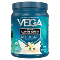 Vega Organic All-In-One French Vanilla canister front view for quick vegan protein on the go.