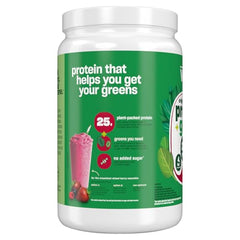 Vega Protein and Greens Berry bottle back detailing nutrition and fiber content