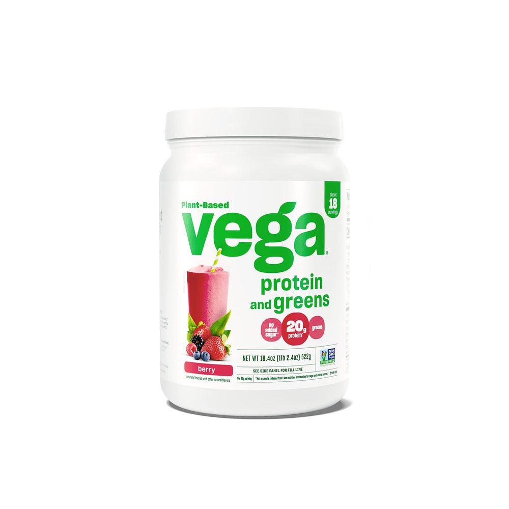 Vega Protein and Greens Berry powder tub showing a fresh greens blend and berry flavor cues for a plant-based boost.
