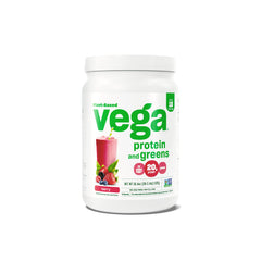 Vega Protein and Greens Berry powder tub showing a fresh greens blend and berry flavor cues for a plant-based boost.