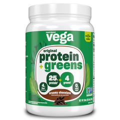 Vega Protein & Greens Creamy Chocolate container showing plant-based protein and greens for smoothies