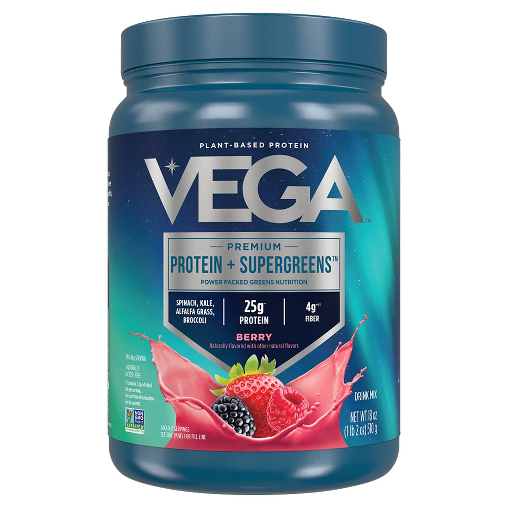 Vega Protein and Greens Mixed Berry tub highlighting 25g protein per serving for daily energy