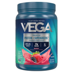 Vega Protein and Greens Mixed Berry tub highlighting 25g protein per serving for daily energy