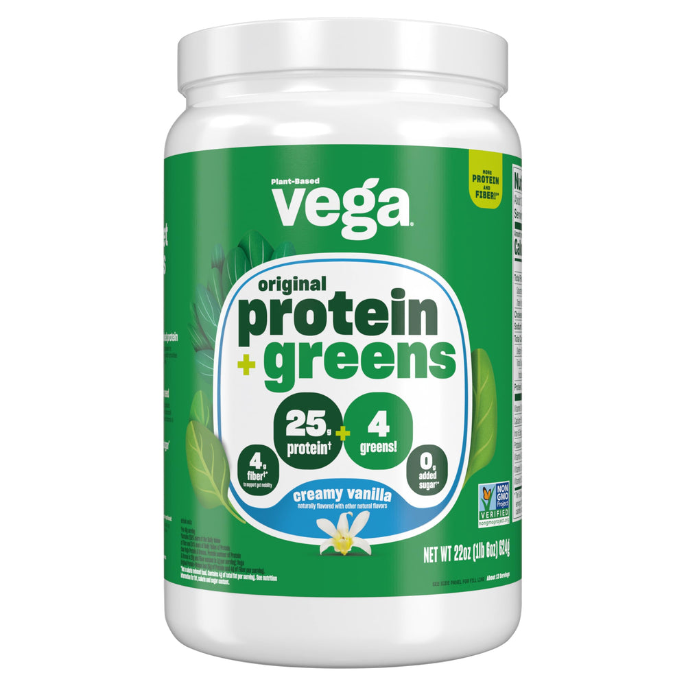 Vega Protein and Greens Vanilla bottle with shake-ready mix for a plant-based protein boost