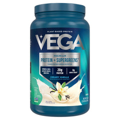 Vega Protein & Greens packaging showing creamy vanilla flavor and 20g plant protein.