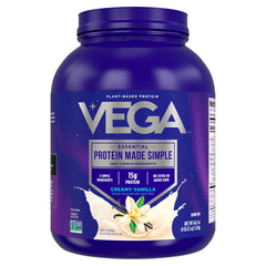 Vega Protein Made Simple vanilla XL tub displays 15 g protein per serving for daily plant-based nutrition.
