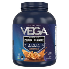 Vega Sport Peanut Butter protein powder tub, ideal for creamy post-workout shakes.