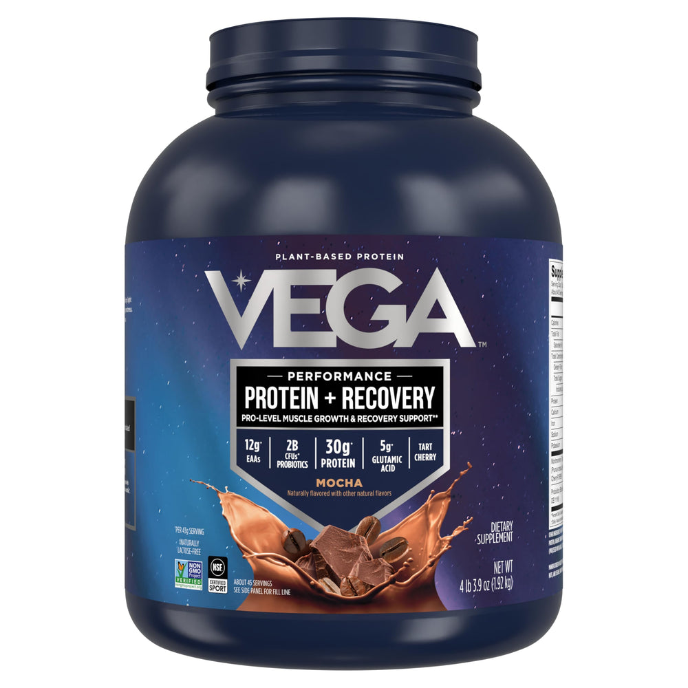 Vega Sport Mocha tub showing 30g plant-based protein and probiotics