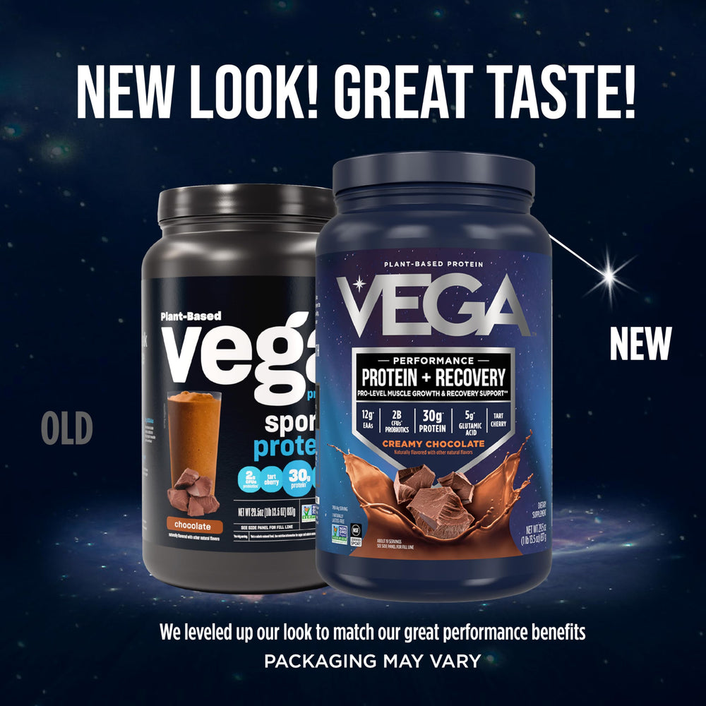 Vega Sport vanilla protein tub blended into smooth recovery smoothies.