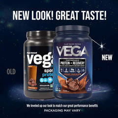 Vega Sport vanilla protein tub blended into smooth recovery smoothies.
