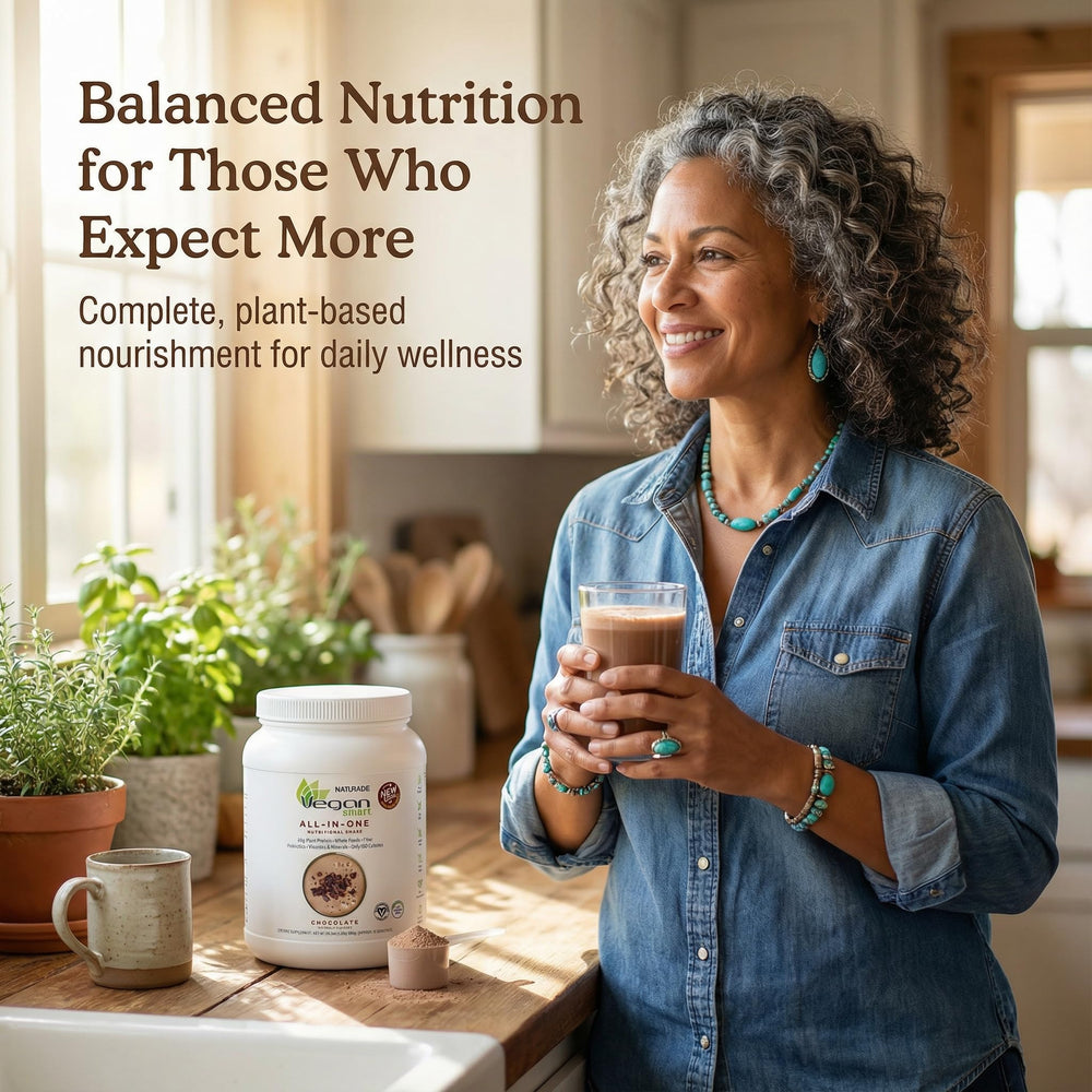 Vegansmart Naturade All-in-One Shake chocolate packaging on shelf signaling plant-based wellness.