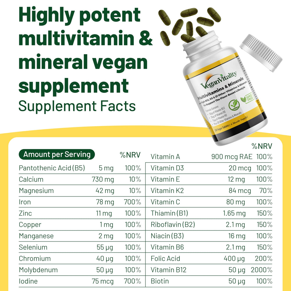 Vegan Vitality tablets lineup illustrating a comprehensive daily multivitamin for vegans.