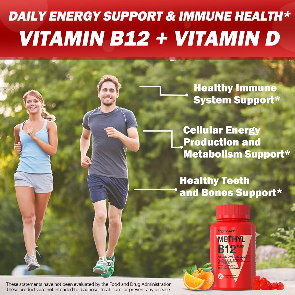 Close-up of VEGEPOWER B12 D3 gummies with bright orange chew texture.