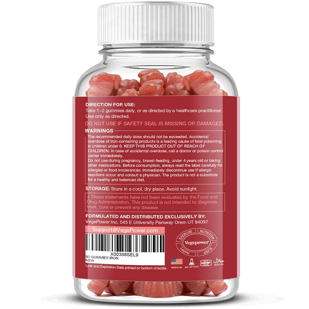 Vegepower iron gummies bottle at GMP facility conveys quality and safety.