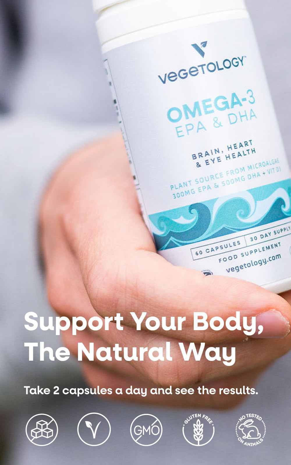 VEGETOLOGY EPA and DHA amounts show 500 mg DHA and 300 mg EPA per serving.