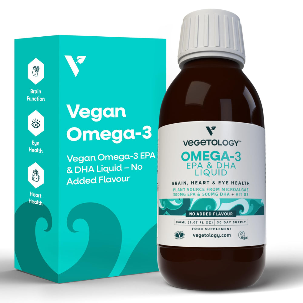 VEGETOLOGY Vegan Omega 3 Liquid bottle ready for convenient daily supplementation.