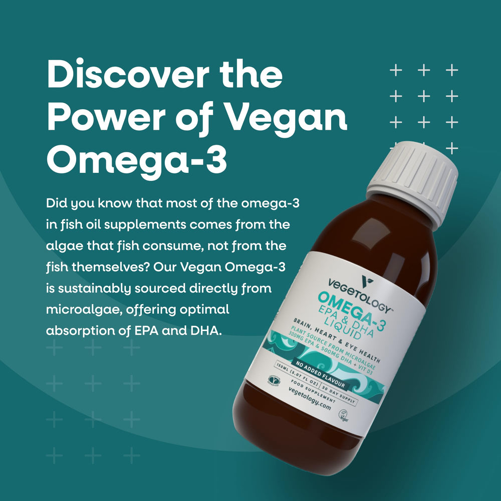 VEGETOLOGY Vegan Omega 3 Liquid being poured for easy dosing.