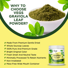 Vegs Graviola leaf powder glass jar close-up, preserving freshness.