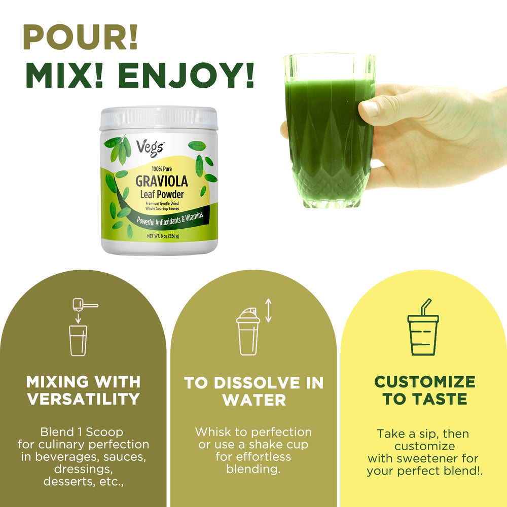Vegs Graviola leaf powder in a smoothie glass, antioxidant-friendly.