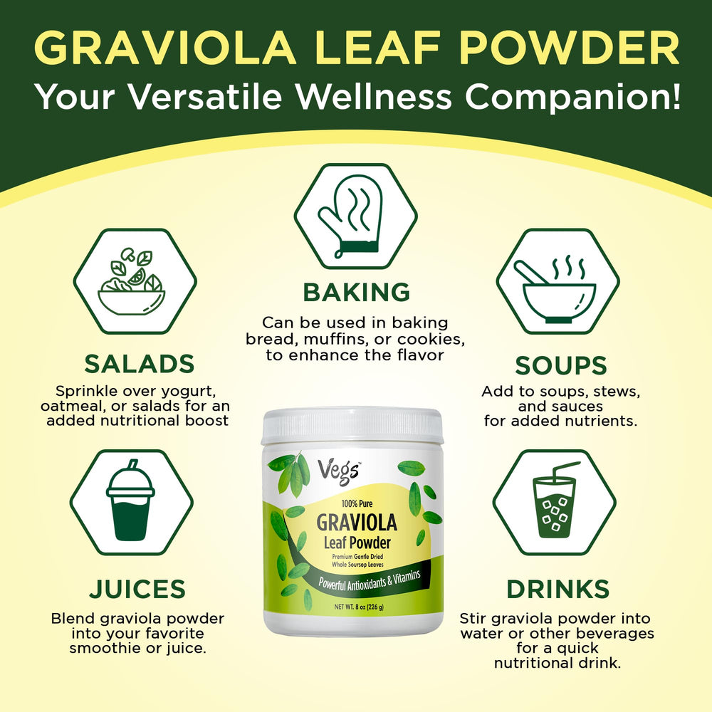 Vegs Graviola leaf powder on kitchen counter, convenient daily supplement.