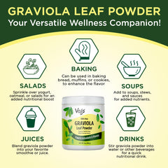 Vegs Graviola leaf powder on kitchen counter, convenient daily supplement.