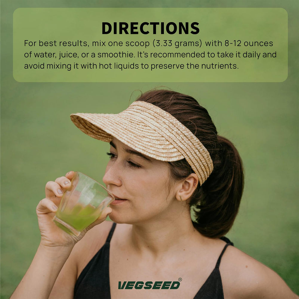 Vegseed Immunity Greens powder scoop with mixing directions for convenient use.