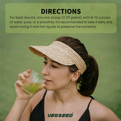 Vegseed Immunity Greens powder scoop with mixing directions for convenient use.