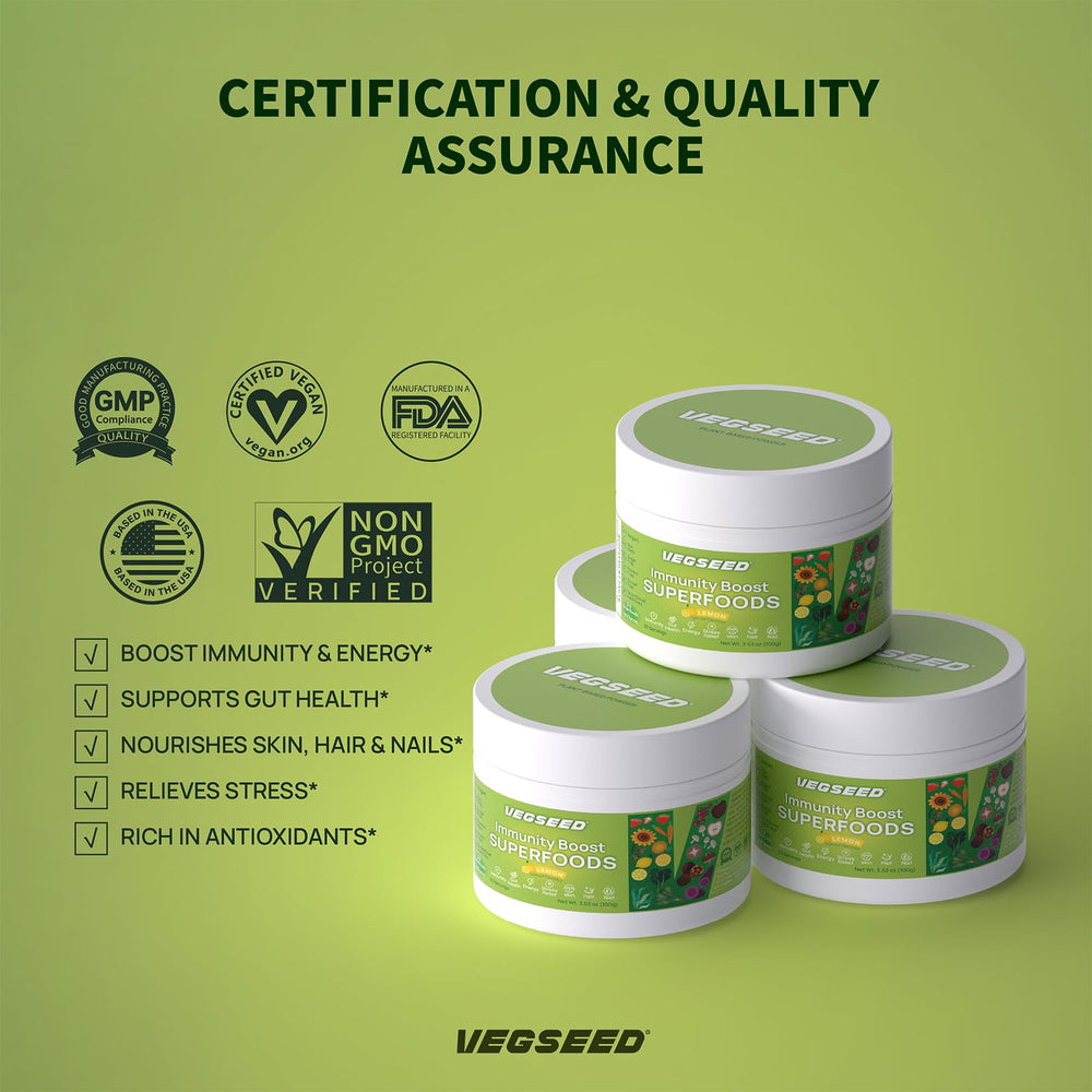 Vegseed Immunity Greens powder packaging showing vegan, gluten-free, dairy-free attributes.