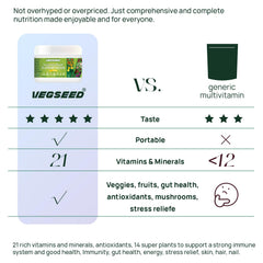 Vegseed Immunity Greens powder zero sugar claim visible on the label.