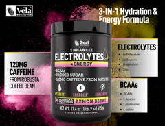 Véla Pre-Workout lemon-berry tub with nutrition info for quick fueling.