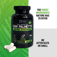Véla Saw Palmetto bottle with purity testing for safety.