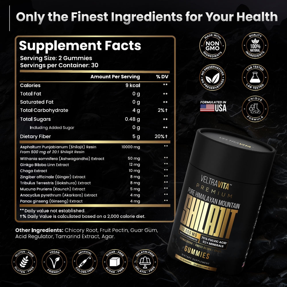 VeltraVita Himalayan Shilajit Gummies natural backdrop signaling premium sourcing