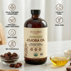 Golden color of Velvoria Naturals jojoba oil highlights purity and quality.