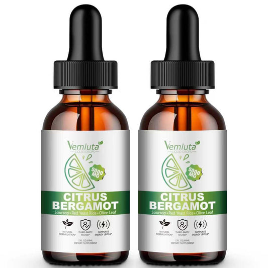 Vemluta Citrus Bergamot Drops bottle shows high-potency heart-support formula.