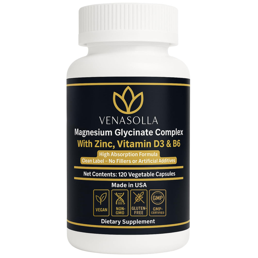 Venasolla Magnesium Glycinate 4-in-1 bottle shows 120 vegan capsules for a two-month supply