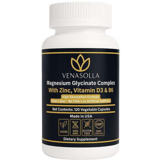 Venasolla Magnesium Glycinate 4-in-1 bottle shows 120 vegan capsules for a two-month supply