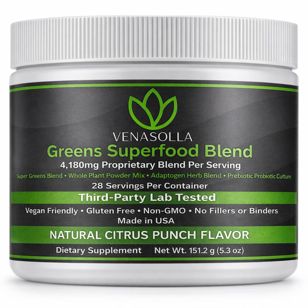 Venasolla Super Greens Powder Citrus Punch label showing organic blend for daily wellness