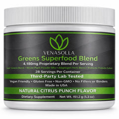 Venasolla Super Greens Powder Citrus Punch label showing organic blend for daily wellness