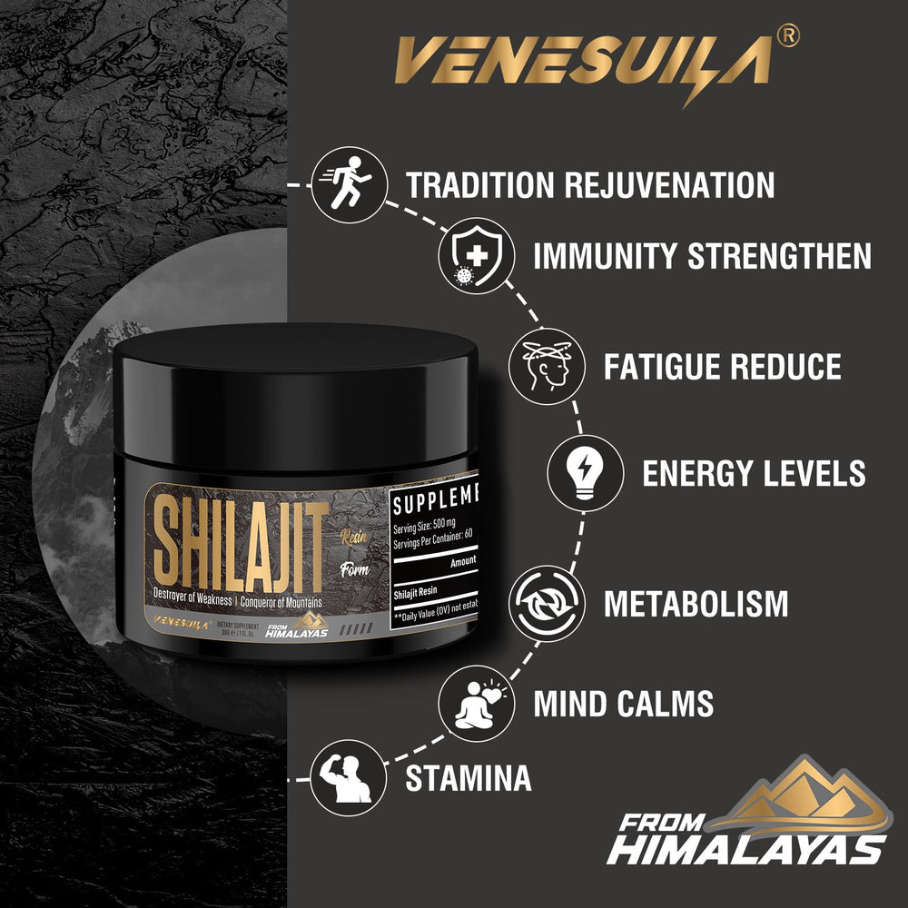 Close-up of VENESUILA Shilajit Resin showing its tar-like texture.