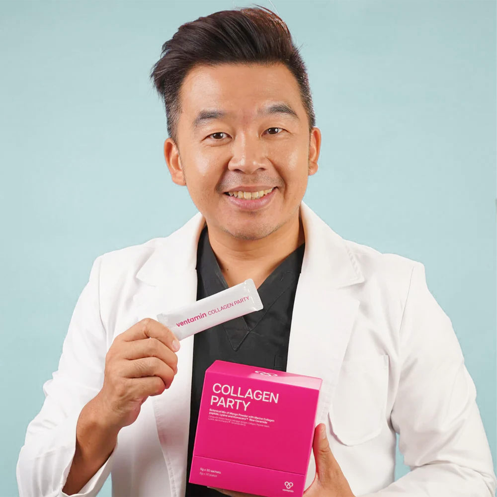 Ventamin Collagen Party box front with 30 sachets for convenient travel