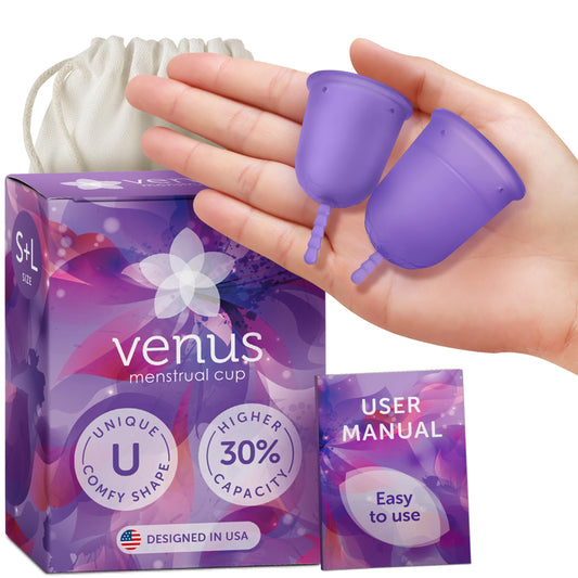Venus menstrual cup starter kit with two sizes for variable flow.