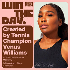 Venus Williams Happy Viking tub displayed for clean vegan nutrition