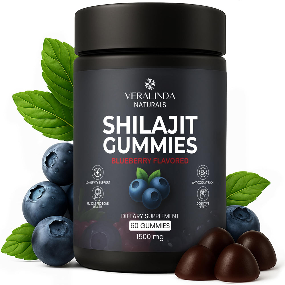 Veralinda Naturals Shilajit Gummies blueberry bottle highlights vegan energy support.