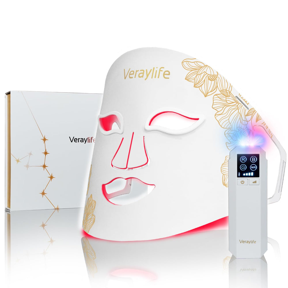 Veraylife red light therapy mask front view for facial rejuvenation and even tone.
