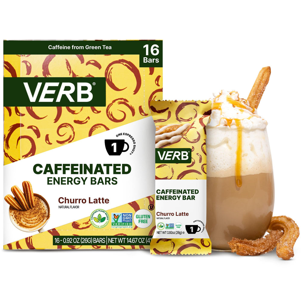 Verb Caffeinated Energy Bar churro latte pack 16 offers a compact caffeine boost.