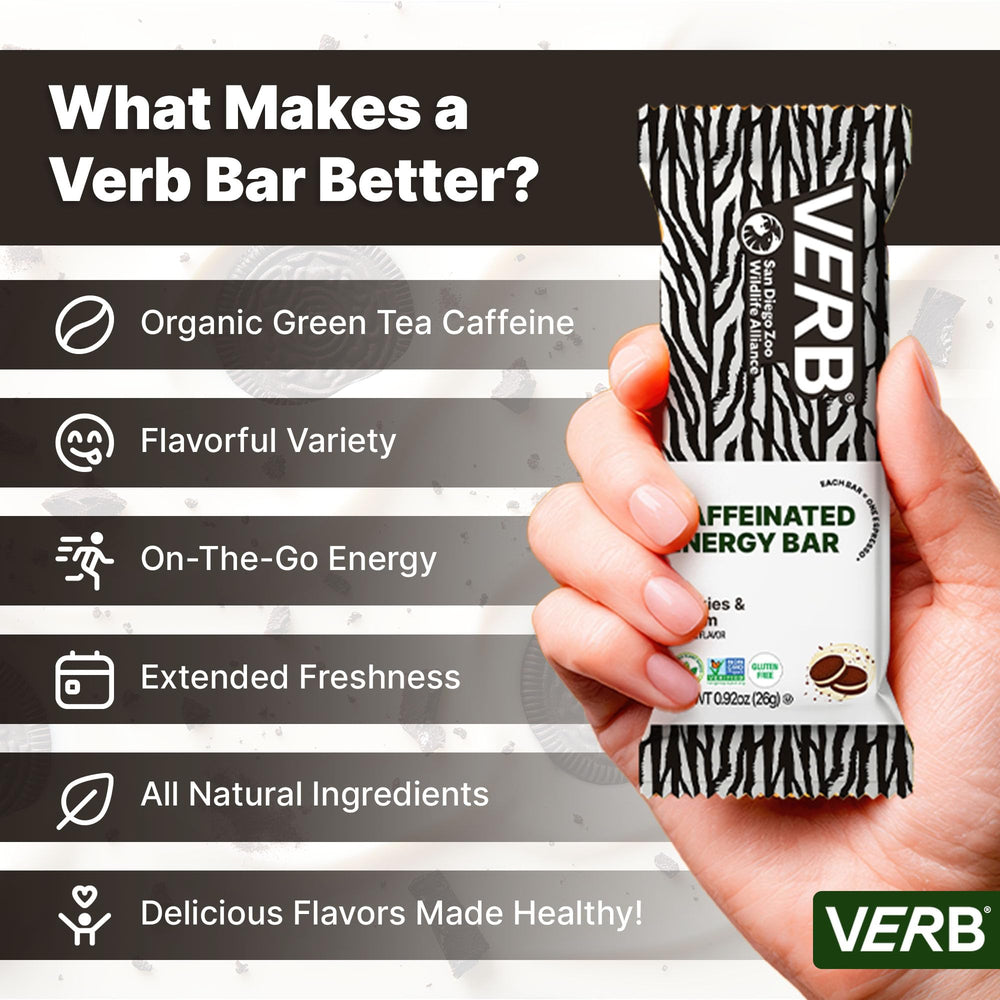 Hand holds a Verb Caffeinated Energy Bar Cookies and Cream for a quick boost.