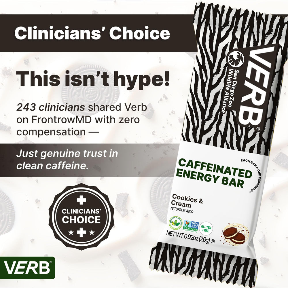 Nutrition facts highlight calories and caffeine from green tea in Verb Energy Bar Cookies and Cream.